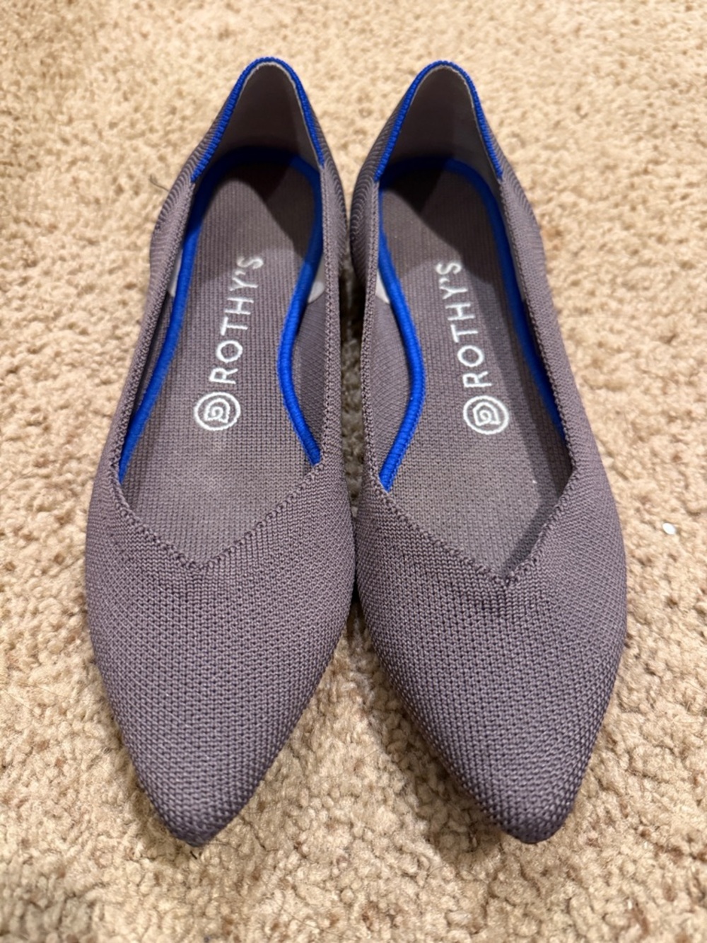 Rothy's Pointed Knit Flats - Brown with Blue Trim, women’s 8